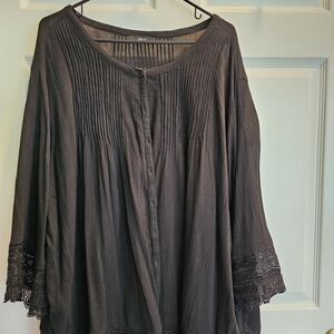 Ellos Gray-Black Blouse with 3/4 Sleeves and Bib Collar